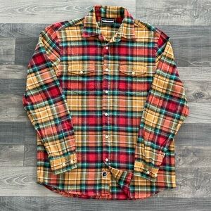 The Hundreds Scratched Plaid Flannel Shirt Mens LARGE Orange Red Green Adam Bomb